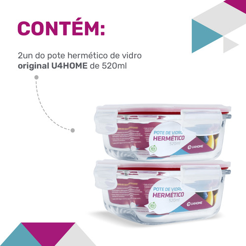 Kit 2 Potes De Vidro Quadrado Com Tampa Hermética 520ml Cor Vermelho U4home