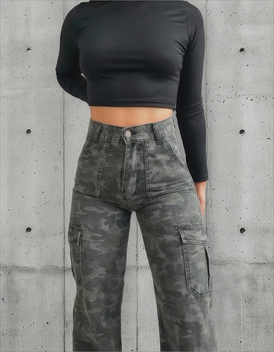 Jean Camuflado Mujer Pantalon Cargo Tiro Alto Ancho De Moda