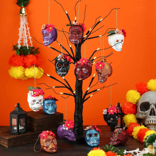 12 Pcs Day Of The Dead 3d Glitter Skull Ornaments Dia De Los