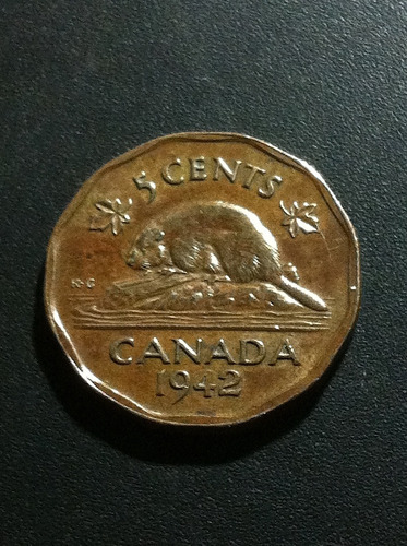 Moneda Canadá 5 Cent Rey George V| 1942 Tombac