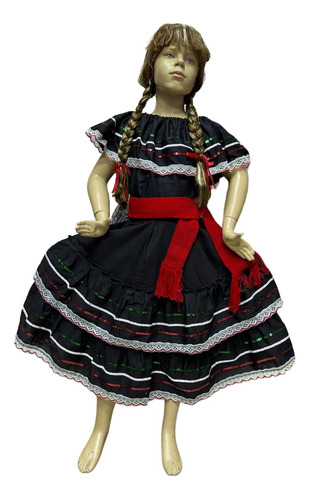 Vestido Mexicano, Fiestas Patrias Niñas Blanco Y Negro