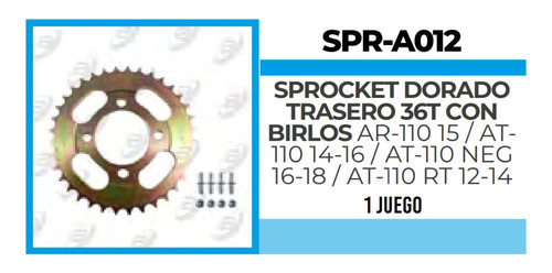 Sprocket Dorado De 36t Con Birlos Ar110, At110, At110 Rt