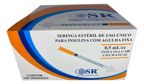 Seringa Insulina 0,5ml 6x0,25mm Agulha Fixa 100un Sr Capacidade em volume 0.5 mL