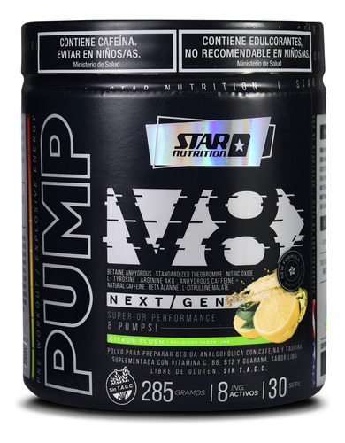 Pump V8 Pre Workout Star Nutrition 285 Gr Cafeína Taurina Sabor Citrus slush