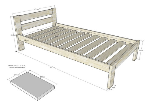Imagen 2 de 3 de Cama Sencilla En Madera Natural Maciza 100 X 190 Ref: Lore
