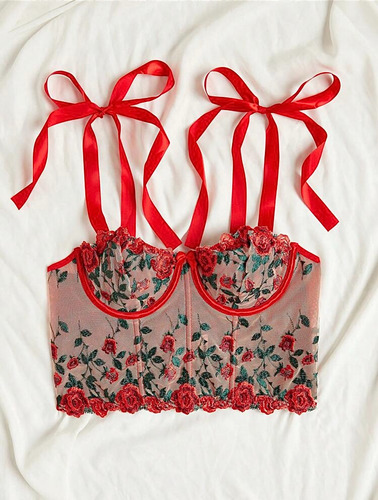 Corset Bustier Lazo Bordado Primaveral Romantico Importado Rojo S