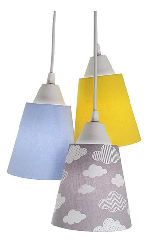 Lustre Pendente Bebê Nuvens Tons De Cinza, Azul E Amarelo