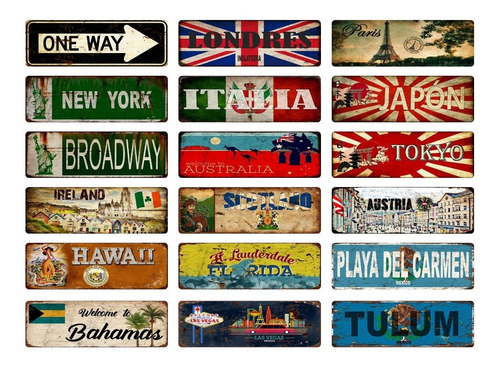 Carteles Chapas Retro De 12x35 Cm Paises , Ciudades  Y Más