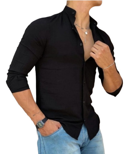 Camisa Cuello Mao Hombre Manga Larga Lino Premium