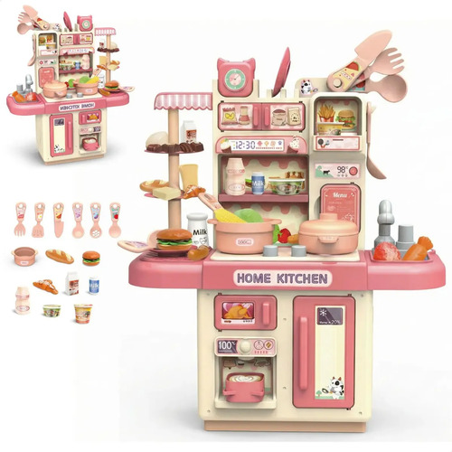 Cozinha Infantil Brinquedo Com Luz 33 Acessórios Sai Água Rosa