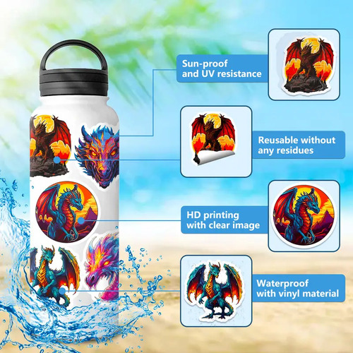 50 Calcomanías Sticker Impermeables De Dragones Épicos