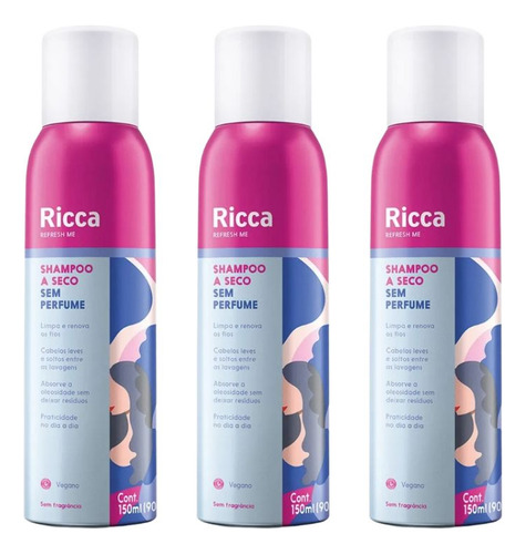 Shampoo A Seco Ricca Aero 150ml Sem Perfume - Kit C/ 3un