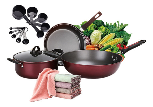 Batería De Cocina Antiadherente 3 Piezas Cacerola Sarten Wok