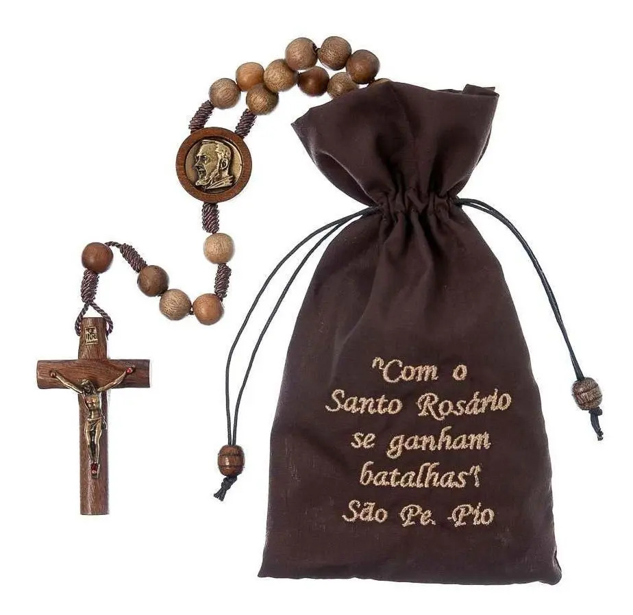 Terço São Padre Pio Madeira 10mm Crucifixo Marrom Fé Proteção