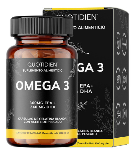 Omega 3 | Total Omega 3 Como Tg | Aceite De Pescado | 360mg Epa + 240mg Dha | Alta Pureza Y Concentración Con Certificados Internacionales | Suplemento Alimenticio Quotidien - 60 Cápsulas