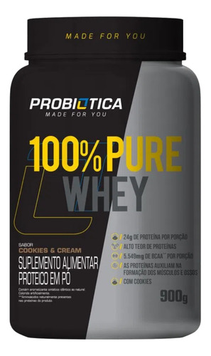 Suplemento em pó Probiótica  100% Pure Whey proteínas 100% Pure Whey sabor  cookies & cream em pote de 900g