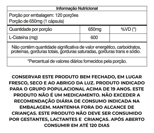 N-Acetilcisteína 600mg, Suplemento De Aminoácidos Com 120 Cápsulas