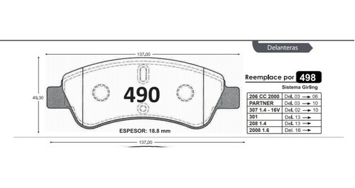 Pastillas De Frenos. Peugeot Del./206-307-301-208/p490 D