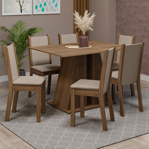 Mesa de comedor con tapa de madera, 6 sillas Wendy Madesa Rb, color rústico/sintético, beige
