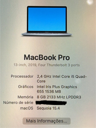 Macbook Pro A1989 (2019) 13.cinza-espacial 8gb - 256gb I5 Cinza (Usado)