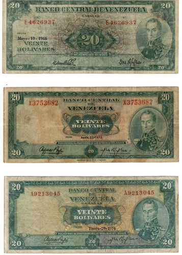 Serie Billetes 20 Bs. 1966-1972-1974.