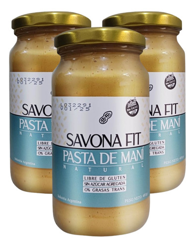 Pasta De Mani Savona Fit Natural 400g Sin Tacc Ni Azucar X3