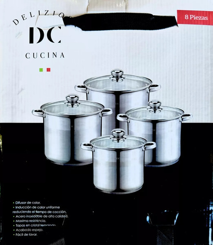 Juego De Ollas Deliziosa Cucina 8 Pzas Acero Inoxidable Plateado