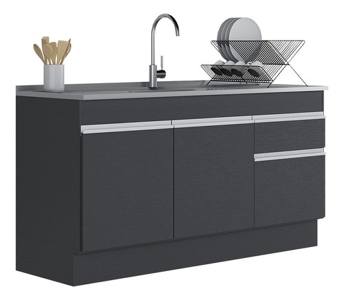 Balcão Cozinha Gabinete Pia 150cm Veneza Multimóveis V2115 Cor Preto/Branco