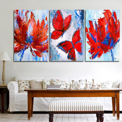 Cuadros Trípticos Mariposas Y Flores Roja (120x60cm)