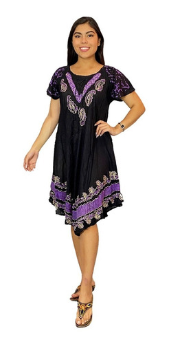 Vestido  Bata Tipo Boho Negro Pintado Hindú 