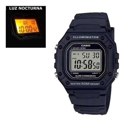 Reloj de pulsera Casio Youth W-218H de cuerpo color negro, digital, para hombre, fondo gris, con correa de resina color naranja, dial negro, minutero/segundero negro, bisel color negro, luz ámbar y hebilla simple