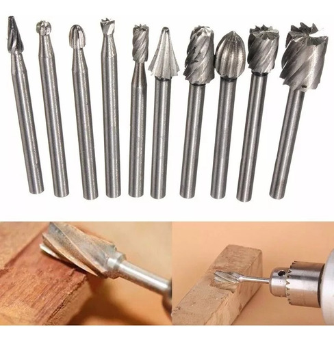 Kit 10 Brocas Burr Hss Grabado Tallado En Madera Drem Cortad
