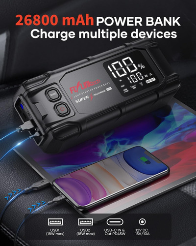 Arrancador De Batería 6000a 26800mah Con Carga Rápida Y Led
