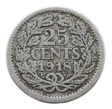 25 Cents Holanda 1918 Moneda Plata Colección 
