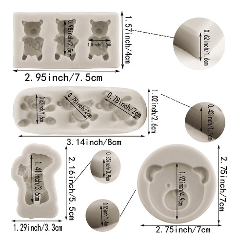 4pcs Molde De Silicona Oso Fondant Chocolate Pasta Resina Color Gris