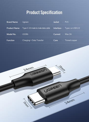 Cabo macho tipo C 2.0 A USB-C 2.0 3a 60w 1mt Ugreen 50997 Cor preta
