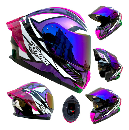 Casco Moto Morado Rosa Luz Trasera Abatible Xtrong Dot Mujer