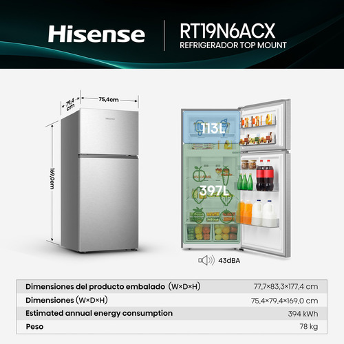 Hisense RT19N6ACX-Refrigerador Top mount,19 pies cúbicos,Control digital táctil,Total No Frost,Puerta reversible,75x79x169cm(AnchoxLargoxAlto),Gris
