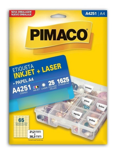 Etiqueta Papel A4 A4251 25fls 21,2x38,2mm C/ 1625 Pimaco