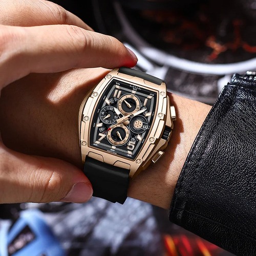 Reloj Pulsera Lige 89110 Hombre Elegante Negro Dorado