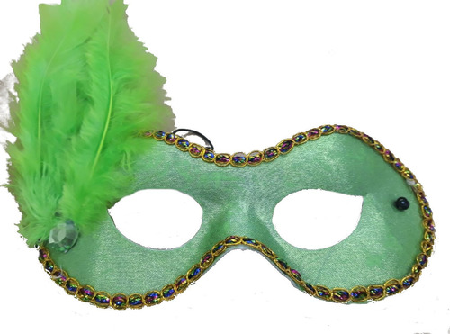 Máscara Verde Com Penas Verdes Cetim Com Renda