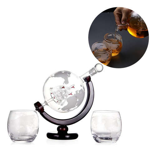 Juego Decantador De Whisky 850 Ml Y 2 Vasos De Vidrio 450 Ml