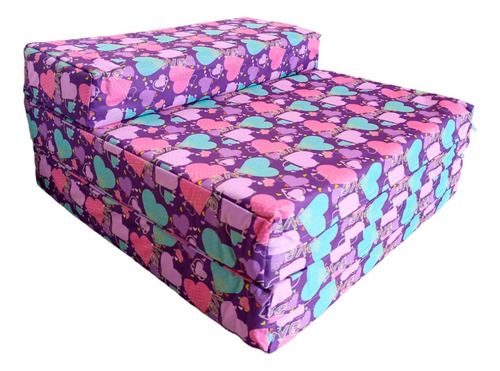 Sofá Cama Infantil Plegable, Colchoneta Con Soporte Firmé Color Rosa Corazones
