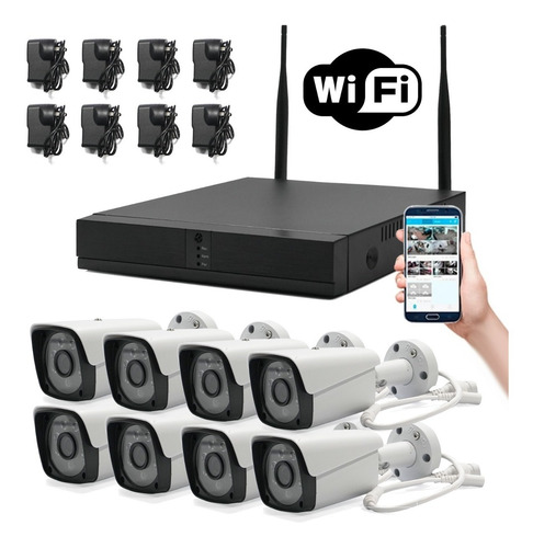 Imagen 1 de 9 de Kit 8 Cámaras Wifi Full Hd Ip Nvr Inalámbrico Exterior 1080p