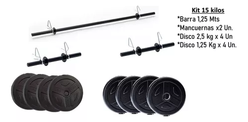 Kit Set Mancuernas Barra Con Topes + 15 Kg En Discos Gym