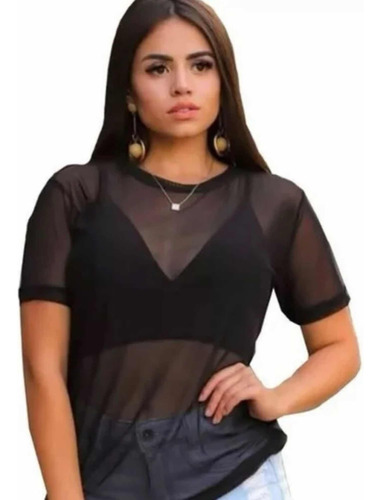 Blusa Tule Transparente Manga Curta Feminina Blogueiras