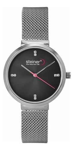 Reloj Análogo Para Dama 36 Mm Steiner Acero Inox 3atm Correa Negro Bisel Plateado Fondo Negro