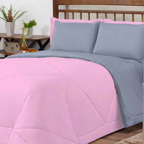 Kit Ternura Casal Queen Edredom  Jogo Fronhas Roupa De Cama Cor Cinza/rosa Desenho Do Tecido Liso