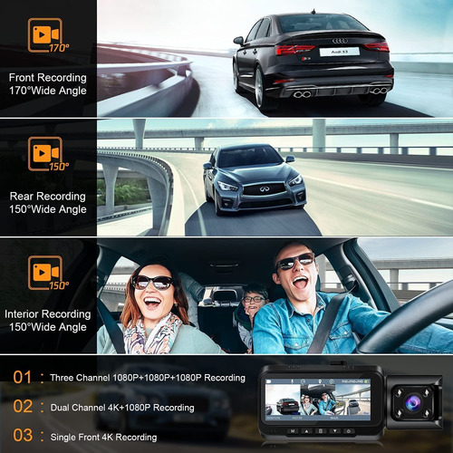 Imagen 3 de 7 de 3 Canales Dash Cam Incorporado Wifi Gps 4k+1080p Doble Da...
