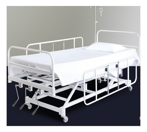Cama Hospitalar 6 Movimentos Com Elevação De Leito Manual Com 3 Manivelas + Grades